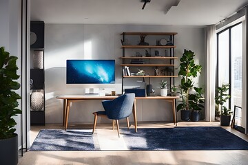 Cozy, Modern home office workplace with computer and desk, wooden floor, natural light, and rug with a big window view of the city