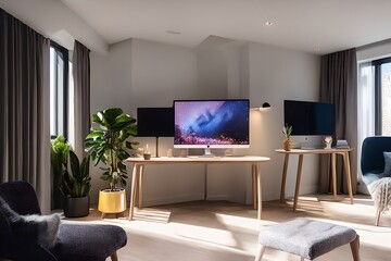 Cozy, Modern home office workplace with computer and desk, wooden floor, natural light, and rug with a big window view of the city