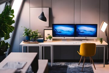 Cozy, Modern home office workplace with computer and desk, wooden floor, natural light, and rug with a big window view of the city