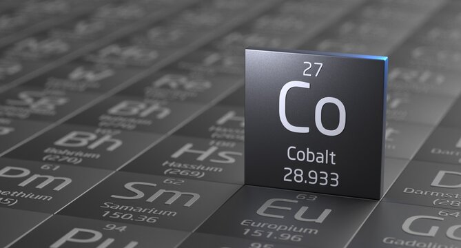 Cobalt element periodic table, battery, EV, mining 3d illustration