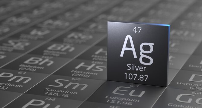 Silver element periodic table, metal mining 3d illustration