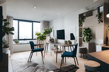 Cozy, Modern home office workplace with computer and desk, wooden floor, natural light, and rug with a big window view of the city