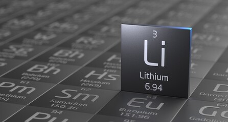 Lithium element periodic table, metal mining 3d illustration