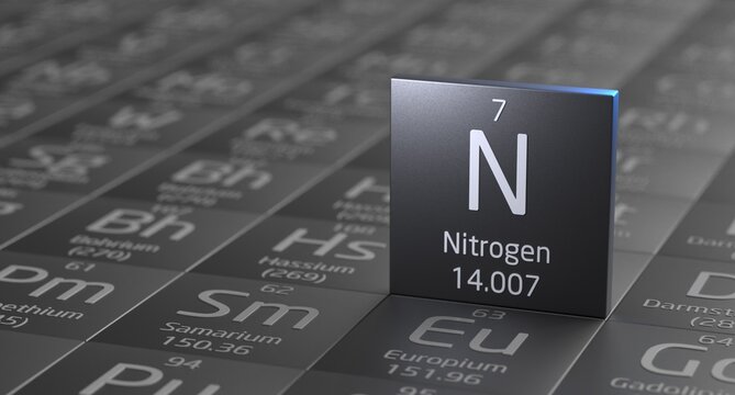 Nitrogen element periodic table, metal mining 3d illustration