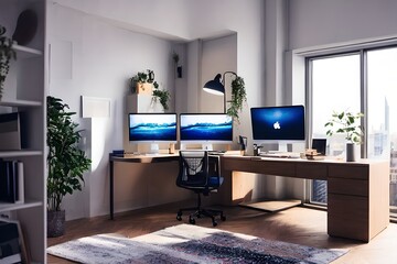 Cozy, Modern home office workplace with computer and desk, wooden floor, natural light, and rug with a big window view of the city