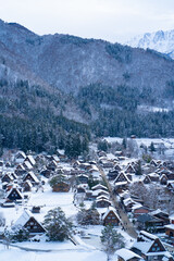 Fototapeta na wymiar Shirakawa-go (Shirakawa Village) in winter. Panoramic view from the observatory. Copy space