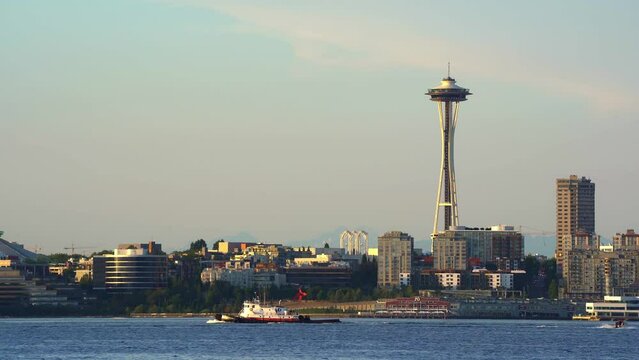 Water Taxi Passing By a Famous Seattle Landmark