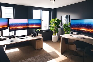 Cozy, Modern home office workplace with computer and desk, wooden floor, natural light, and rug with a big window view of the city