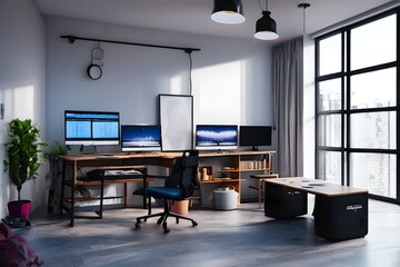 Cozy, Modern home office workplace with computer and desk, wooden floor, natural light, and rug with a big window view of the city