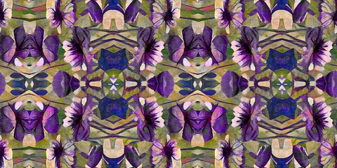 Retro kaleidoscope floral seamless border. Vintage geo gender neutral fashion ribbon for botanical cottagecore banner. Trendy watercolor for splotched flower texture. 
