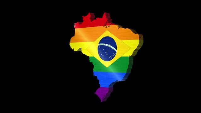 Lgbt flag.3d animation of the Brazil map rotating,isolated by the alpha channel(transparent background). gay pride flag. Lesbian, gay, bisexual, transgender,and queer.Lgbtq Brazil