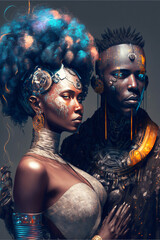Romantic Image of A Beautiful Futuristic Black Couple, Machine Learning Generated AI Illustration of African-American Soulmates