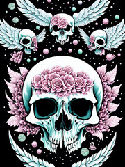 pastel goth creepy cute trippy dreamy gothic skull greeting card / postcard design - generative ai