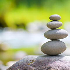 Balanced tower of stacked stones on the soft nature green background. Copyspace. Calm, zen and meditation. Generative AI