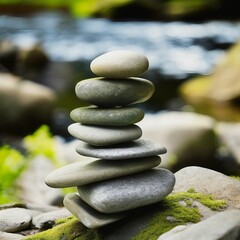 Fototapeta na wymiar Balanced tower of stacked stones on the soft nature green background. Calm, zen and meditation. Generative AI