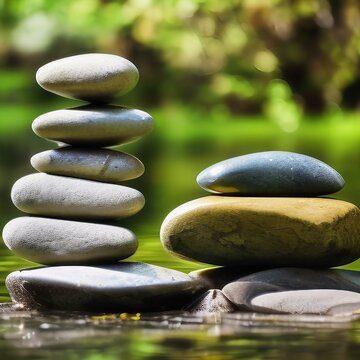 Balanced towers of stacked stones on the soft nature green background. Calm, zen and meditation. Generative AI