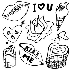Set of decorative elements isolated on white for Saint Valentines day. Vector illustration of cupcake, ice-cream, lips, candle, rose, hearts, lettering.