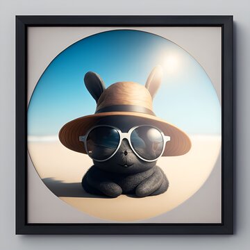illustration of a beautiful round frame. with a nice rabbit in a hat and glasses