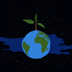 Fototapeta premium Earth day simple vector illustration. Save earth illustration with blue, green, and starry space background.