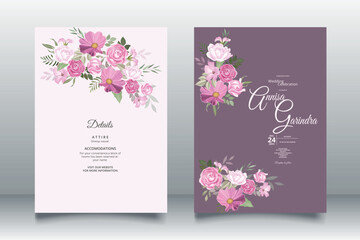  Beautiful magenta floral frame wedding invitation card template Premium Vector