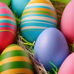 Close up of colorful Easter eggs. Generative AI
