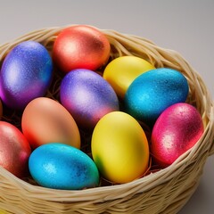 Fototapeta na wymiar Colorful Easter eggs in a basket. Generative AI
