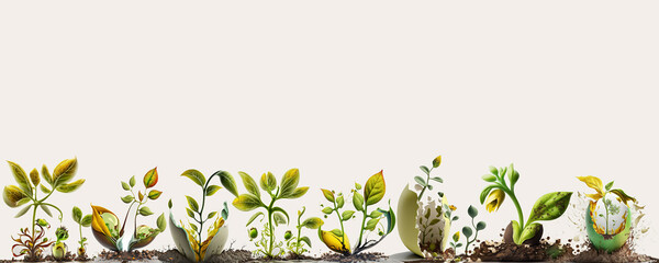 A border of new growth, plant shoots burst through. AI generative Art, New beginnings