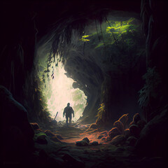 deep dark cave in a green forest, tunel in jungle generative ai