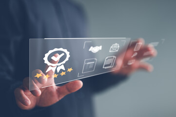 businessman working with sign of the top service Quality assurance, Guarantee, Standards, ISO certification and standardization concept.