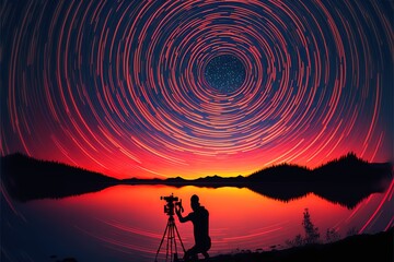 The photographer shoots the sunset with a long exposure