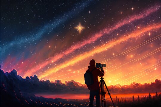 The photographer shoots the sunset with a long exposure