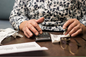 Senior woman checking her bills at home, sitting in her living room