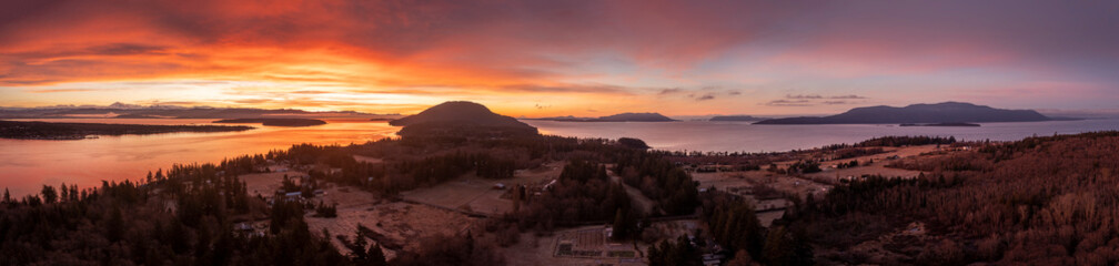Aerial Winter Sunrise Over Hale Passage and Lummi Island. Snow blankets this lovely small island...