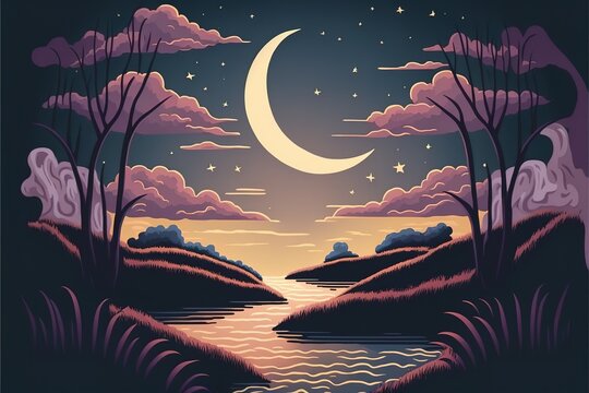beautiful landscape with waterway and a moon in the night sky