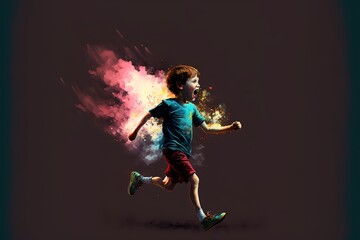 Fototapeta na wymiar A boy runs with a colored smoke flyer