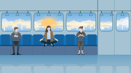 A calm businesswoman sits and meditates on train transportation between passengers. Think of business idea solutions, solve problems, stress relief, mindfulness, breath, and relax time from work hours