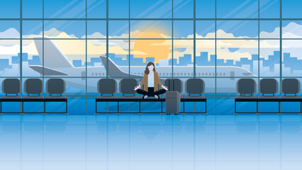 Alone calm businesswoman sits and meditates at an international airport terminal, waiting for a flight. Think of business idea solutions, solve problems, stress relief, mindfulness, breath, and relax.