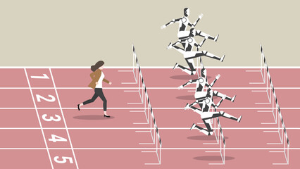 Feminist, Woman power, Ambition lady and Competition of businesswoman with robot AI automation technology run in a race track. Concept of a CEO female, The loser is slower and out of date people.