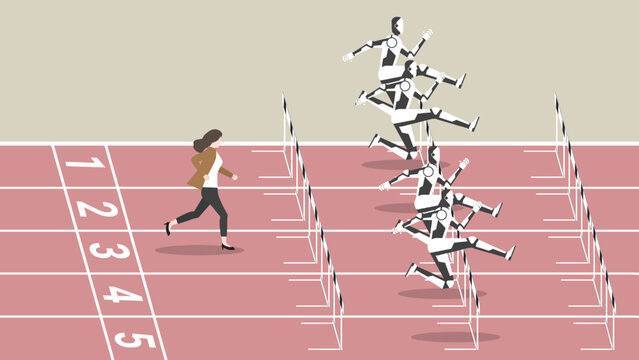 Feminist, Woman power, Ambition lady and Competition of businesswoman with robot AI automation technology run in a race track. Concept of a CEO female, The loser is slower and out of date people.