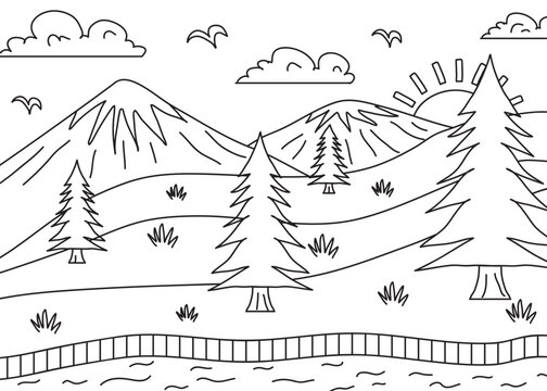 Kids Coloring doodle handdrawn illlustration landscape view