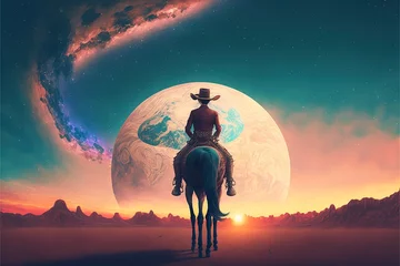 Foto op Plexiglas A cowboy rides a horse against the background of the sun © Анастасия Птицова