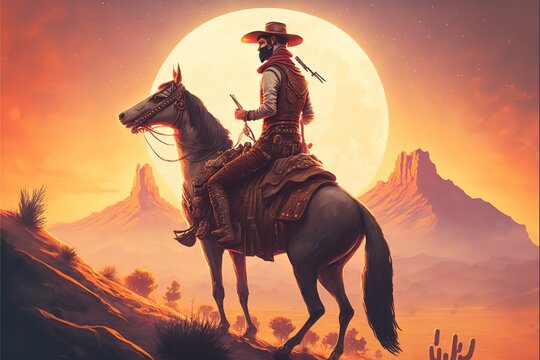 A cowboy rides a horse against the background of the sun