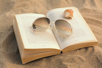 Beautiful sunglasses, book and shell on sand