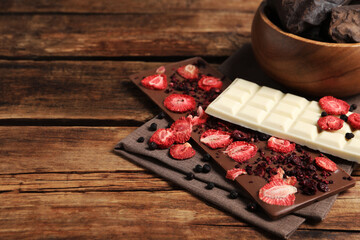 Different chocolate bars with freeze dried fruits on wooden table. Space for text