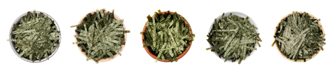 Set with tasty chopped crispy nori sheets on white background, top view. Banner design
