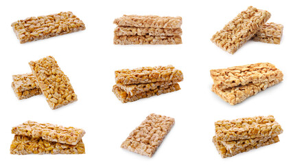 Collage with tasty peanuts bars (kozinaki) on white background