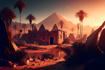 Ancient Egypt, pyramids, palm trees, golden city, oasis in the desert