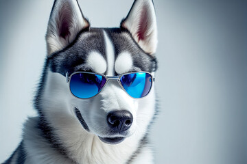 Siberian Husky portrait wearing sunglasses. Made with Generative AI Technology