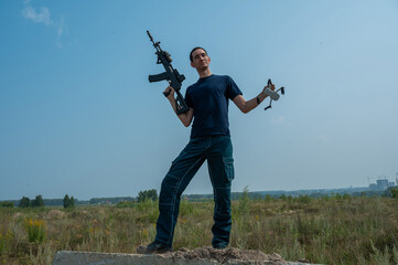 Caucasian man shot down a drone with a shot from a rifle. 