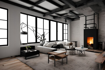 Dark living room loft with fireplace, industrial style , hyper realistic, intricate detail 4k render Generative ai